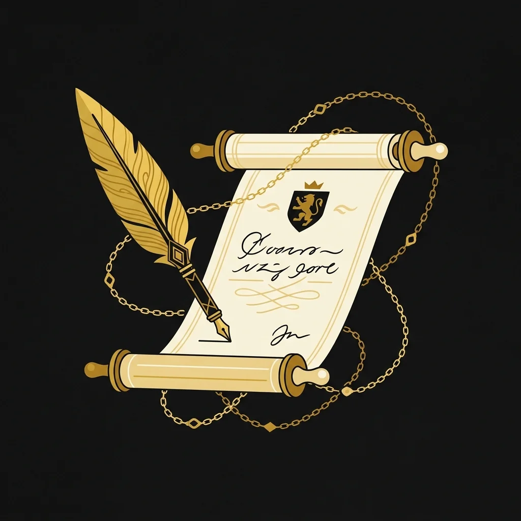 Ilustração cartoon em preto e dourado: Uma pena de escrever, um pergaminho e correntes leves, tons dourados e pretos