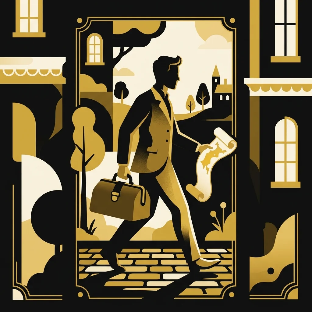 Ilustração cartoon em preto e dourado: Um homem carregando uma bolsa de médico e um pergaminho, silhueta dourada